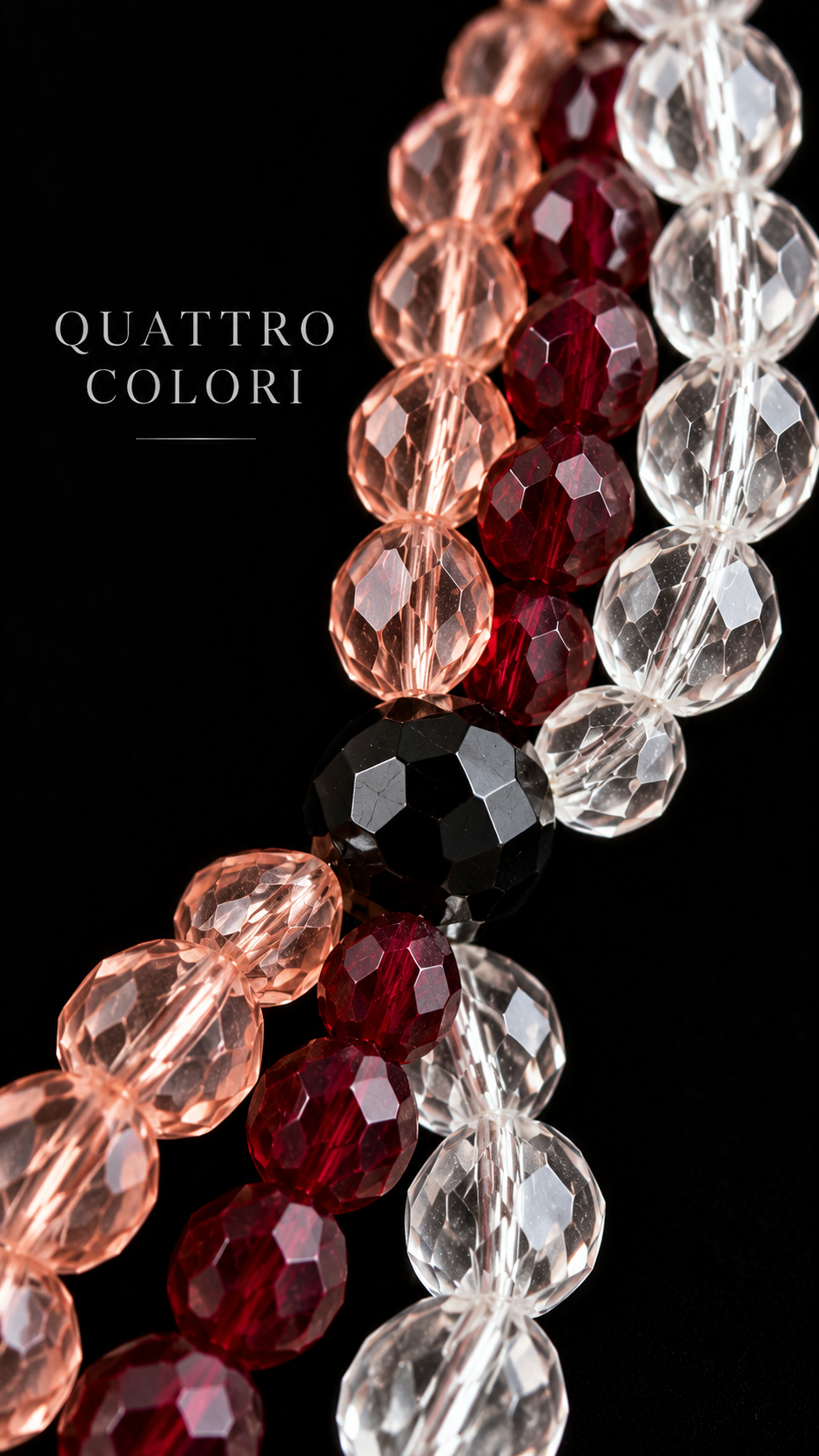 Collana architettonica a tre fili di perle di vetro sfaccettato rosa, rosso granato e trasparente