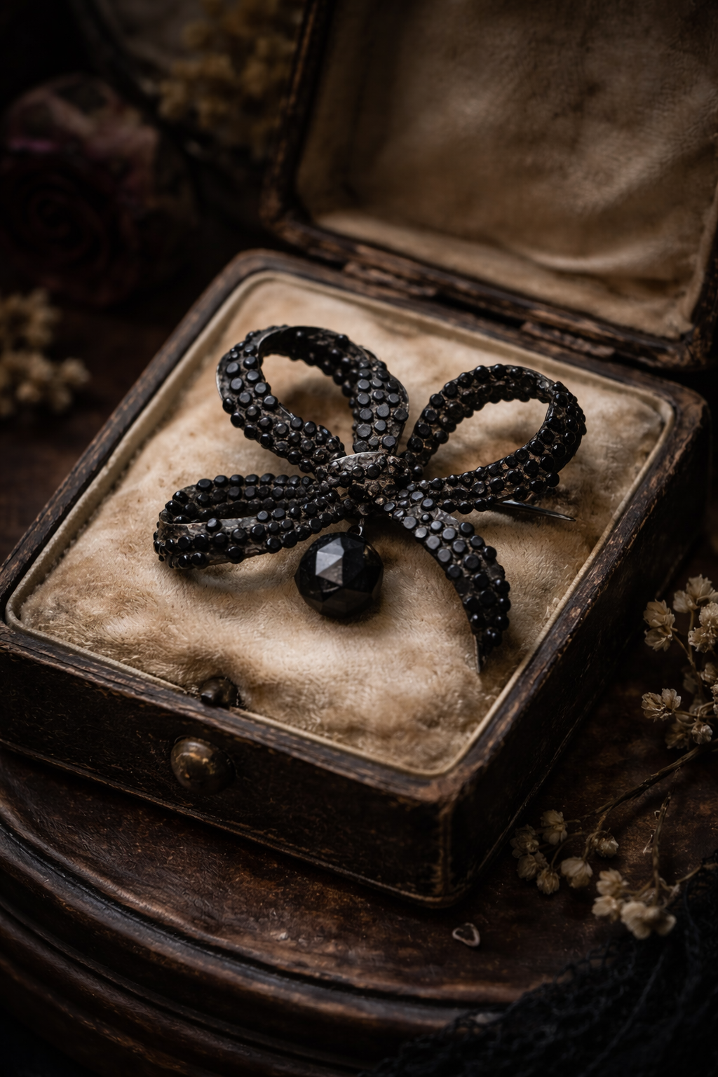 Antica spilla vittoriana da lutto fine ‘800 con nodo a tre anse e vetro sfaccettato