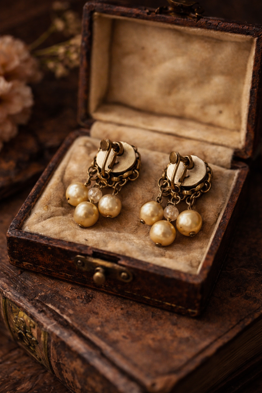 Antichi splendidi orecchini dorati anni ‘30 con faux perles barocche, chiusura a vite