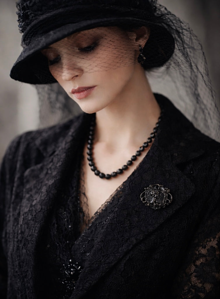 Spilla “di vedovanza” in lega nero profondo, liberty I WW