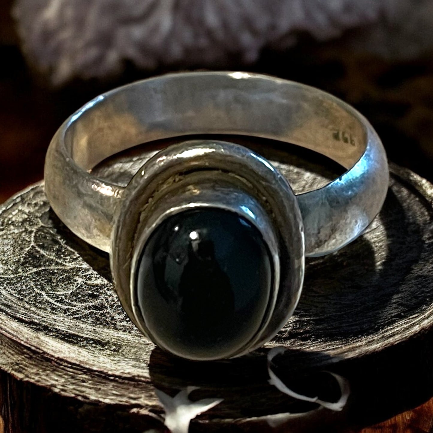 Anello argento 925 vintage con cabochon onice nero