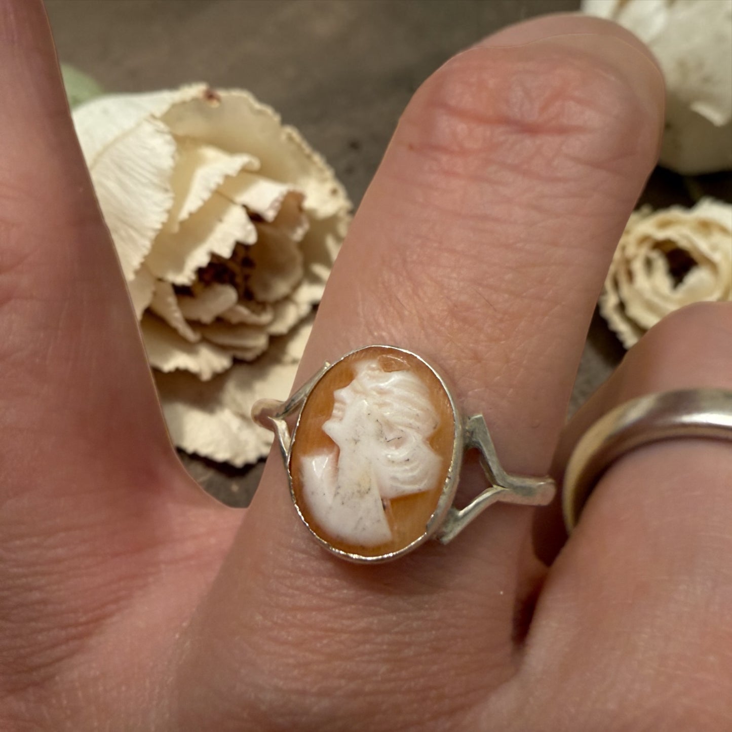 Anello in argento 800 con piccolo cammeo su conchiglia, italiano, anni ‘40-‘50
