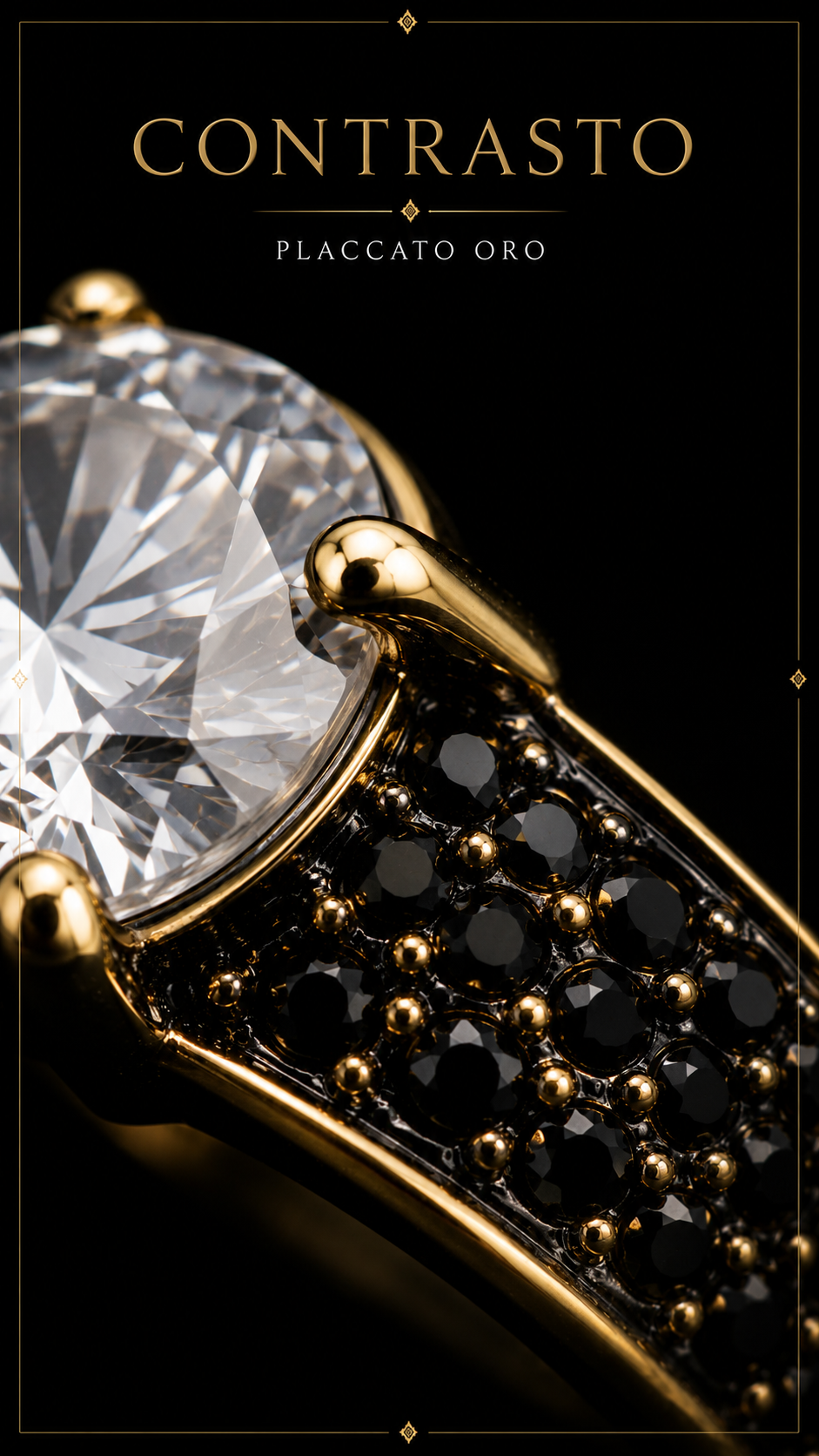 Anello solitario contemporaneo placcato oro a fascia con zirconia cubica e pietre sfaccettate nere