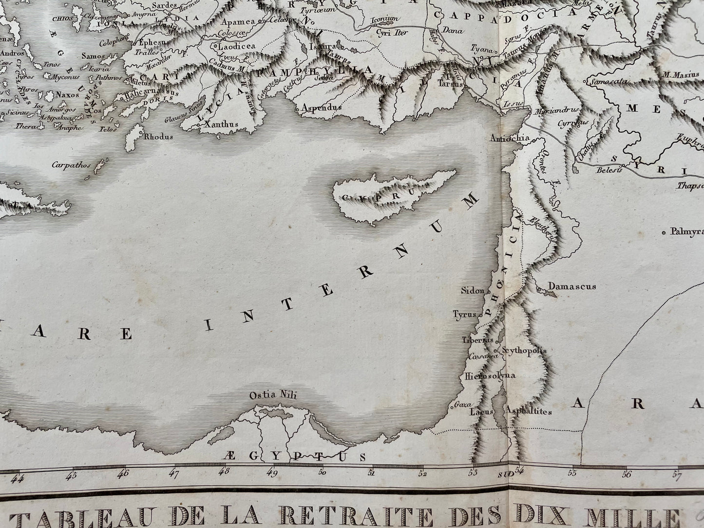 Antica mappa incisione rame Delamarche 1830, ritirata dei 10.000 (Anabasi Senofonte)