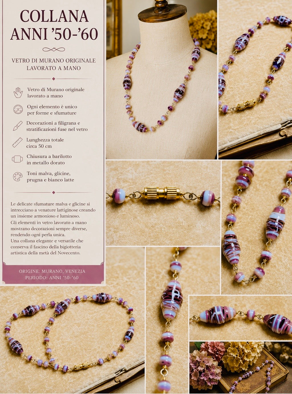 Collana 50 cm in elementi di Vetro di Murano, color malva, anni ‘50-‘60