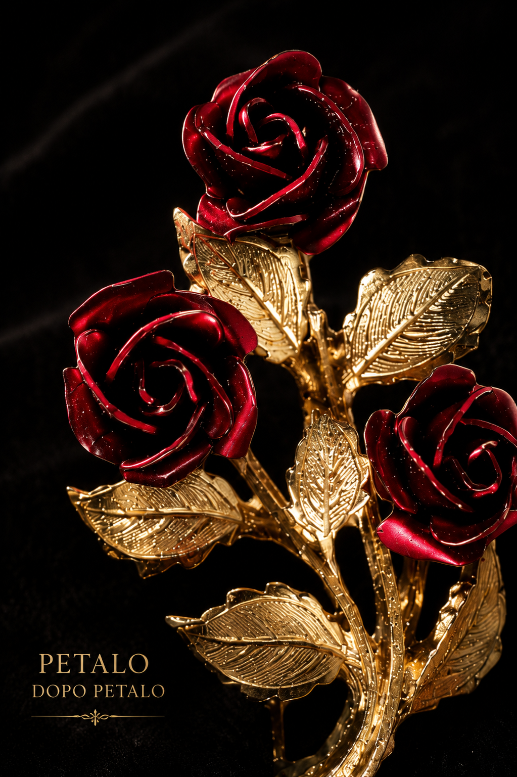 Spilla vintage in metallo dorato con tre rose, anni ‘70