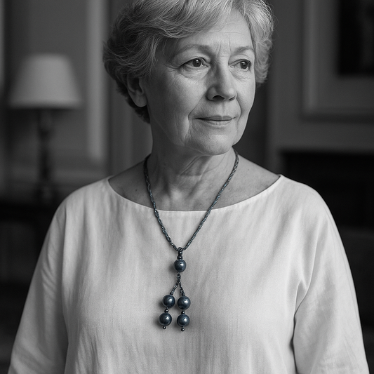 Collana lunga in argento 800 con sfere, argentiere italiano Treviso, ca anni 50 - 70