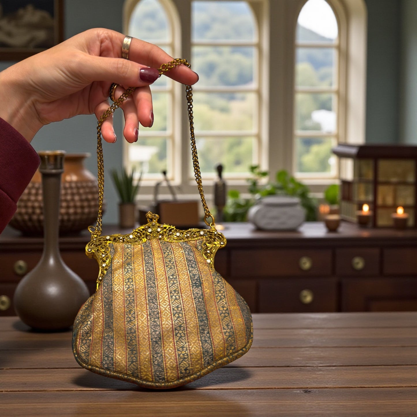 Borsetta gioiello da sera antica, 1900-1915, completa di accessori interni coordinati