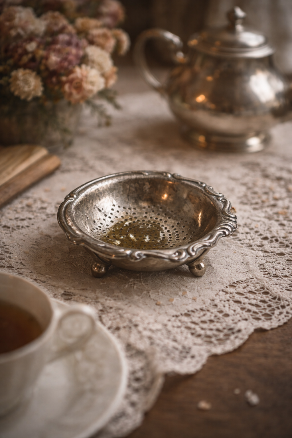 Antico pezzo d’argenteria passe-thé colino primo ‘900