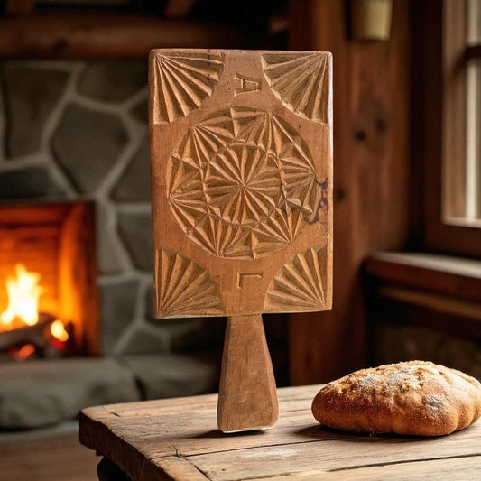 Stampo per pane antico in legno, con iniziali, primo ‘900