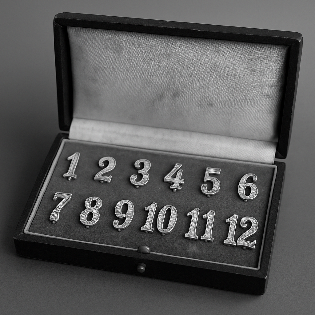 Servizio segna posto cifre per calici, argento 830 in custodia coeva, anni ‘20