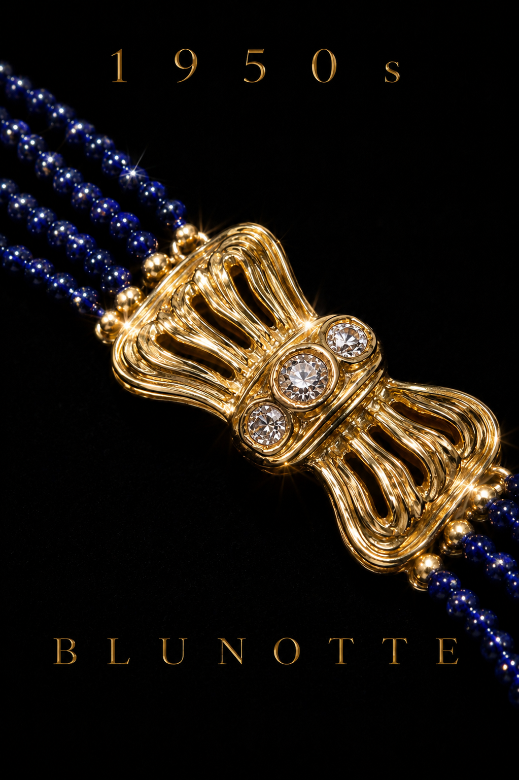 Parure BLU NOTTE americana anni ‘50 collana con fiocco in bagno oro e orecchini coordinati