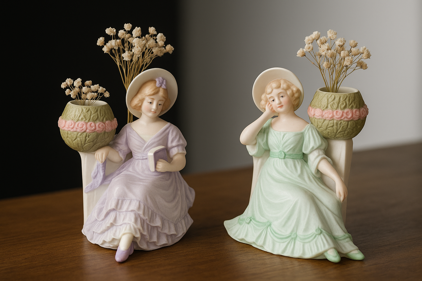 Coppia bouqueteries dame in biscuit smaltato ca anni ‘50