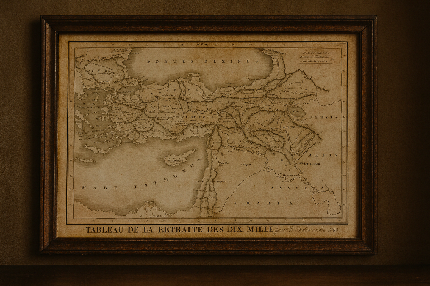 Antica mappa incisione rame Delamarche 1830, ritirata dei 10.000 (Anabasi Senofonte)