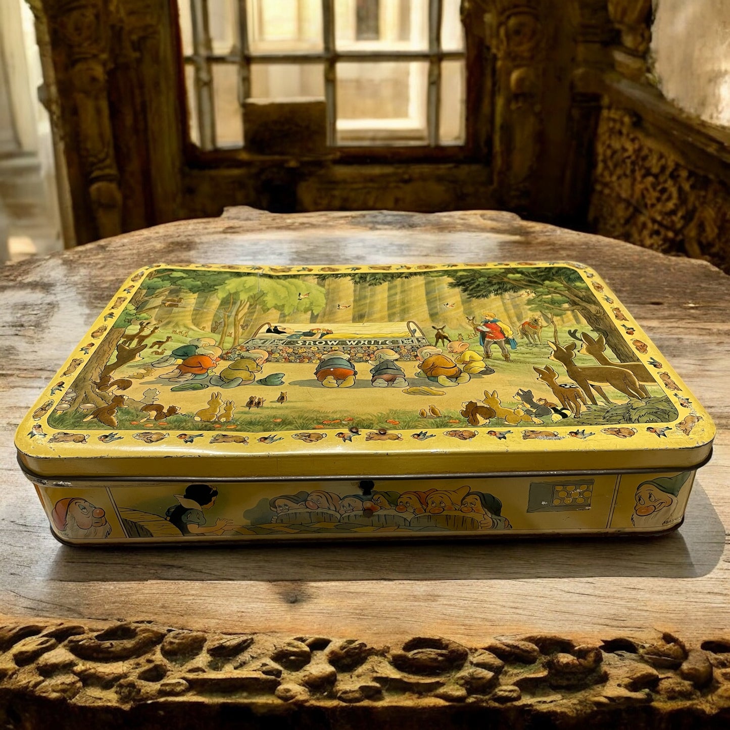 Antica rarissima scatola latta Snow White Disney Biancaneve anni ‘40