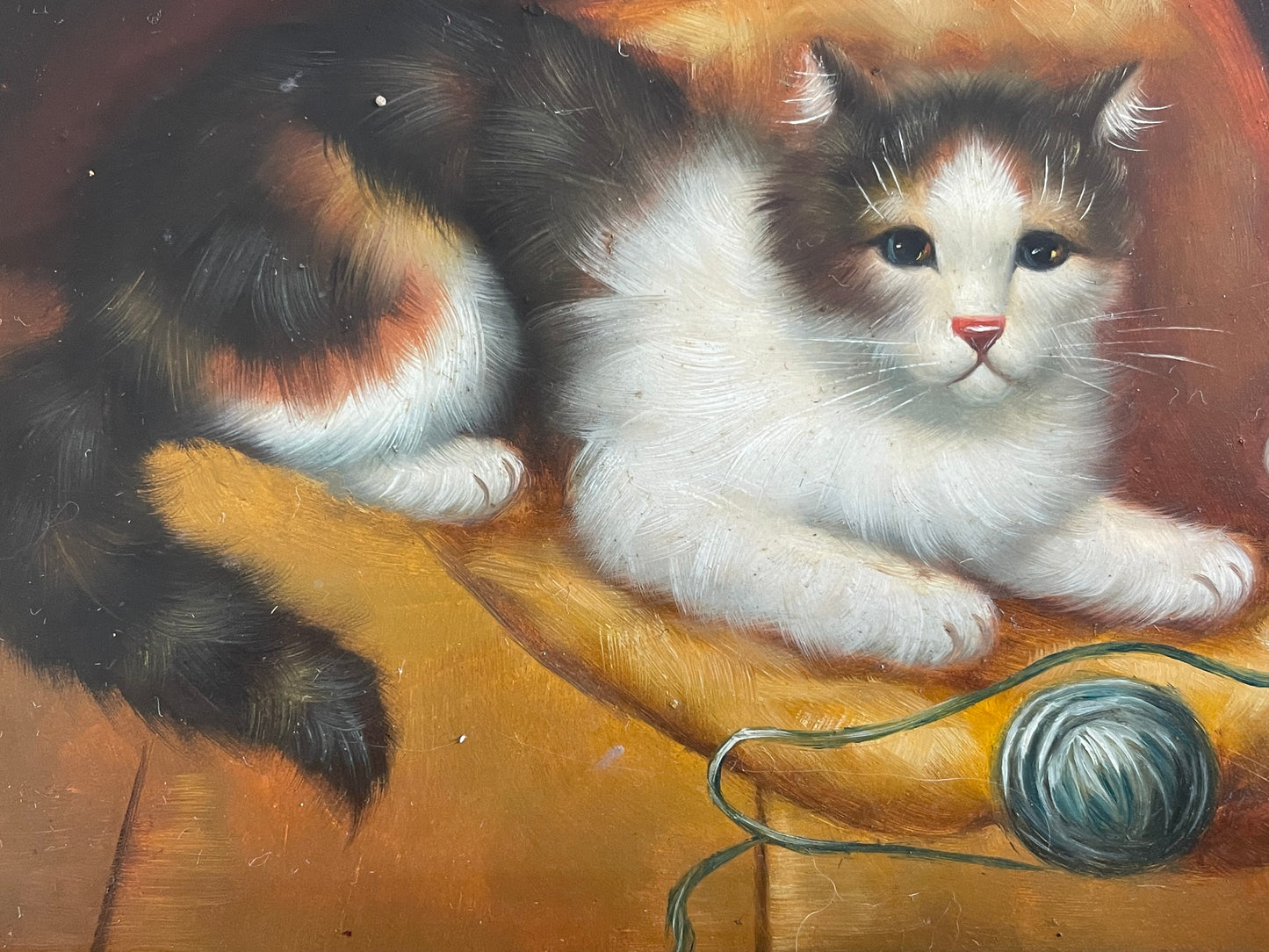 Dipinto inglese con gattini olio su tavoletta, anni ‘40 cornice coeva