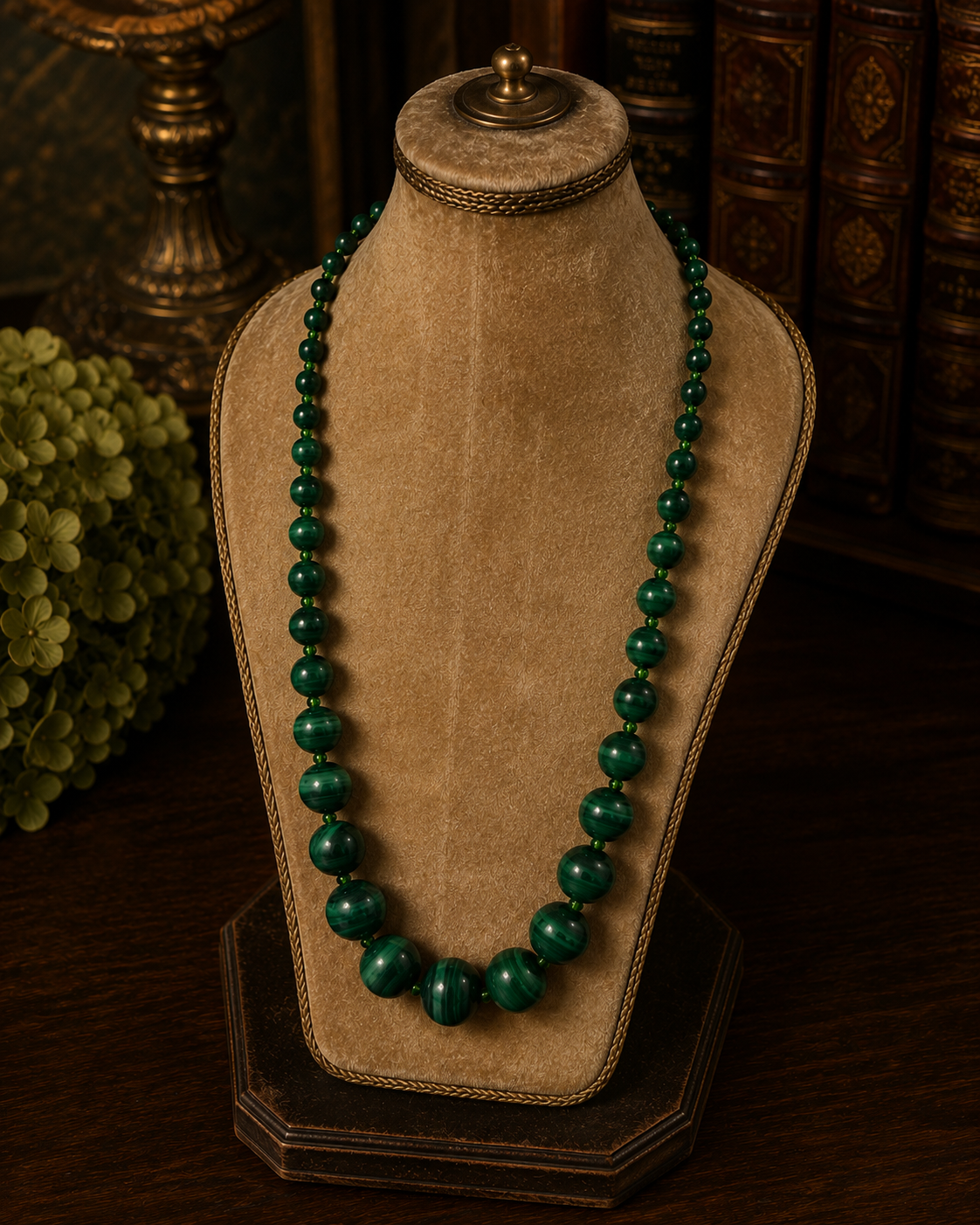 Collana anni ‘50 con chiusura a barilotto in perle degradé di malachite
