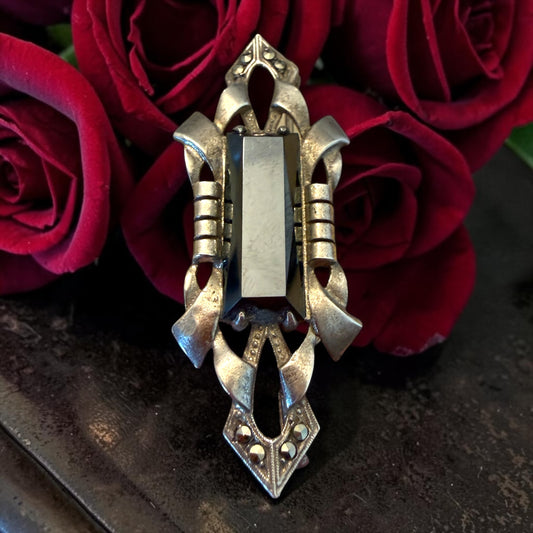 Spilla art déco argento massiccio, marcasiti ed ematite in custodia originale d’epoca