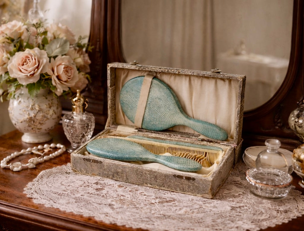 Set da toeletta in valigetta, finta pelle turchese, manifattura inglese “Sembla” fine anni ‘40