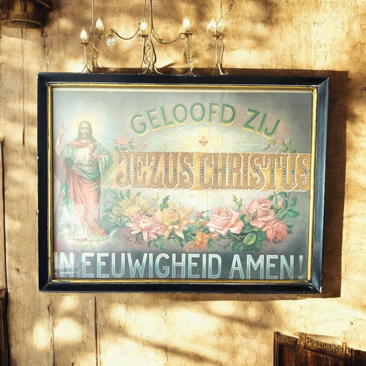 Quadro sacro anni 20 fiammingo, cromolitografia Cristo benedicente