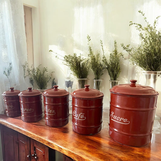 Set barattoli provenzali smaltati Rosso Borgogna anni 40