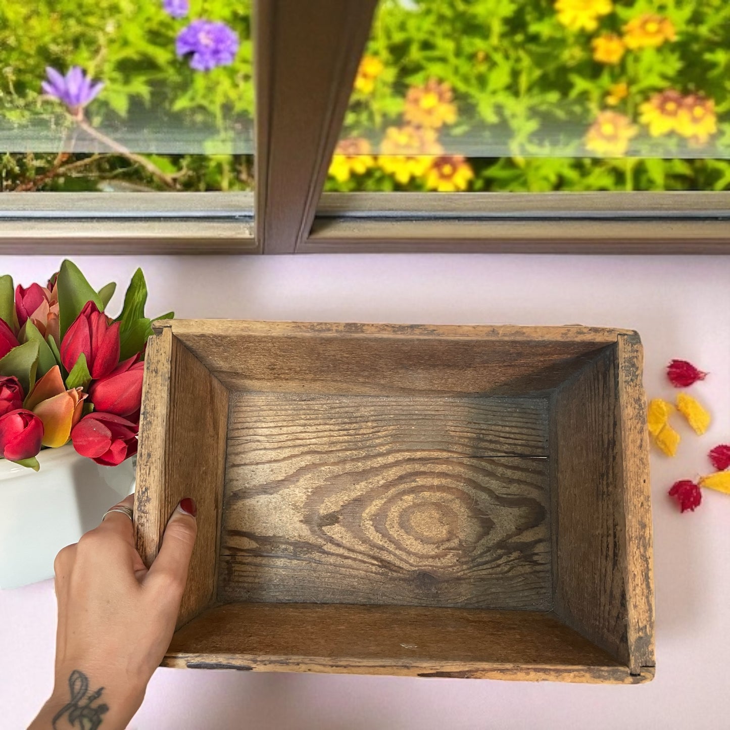 Antica cassetta recipiente in legno contadino, primo ‘900