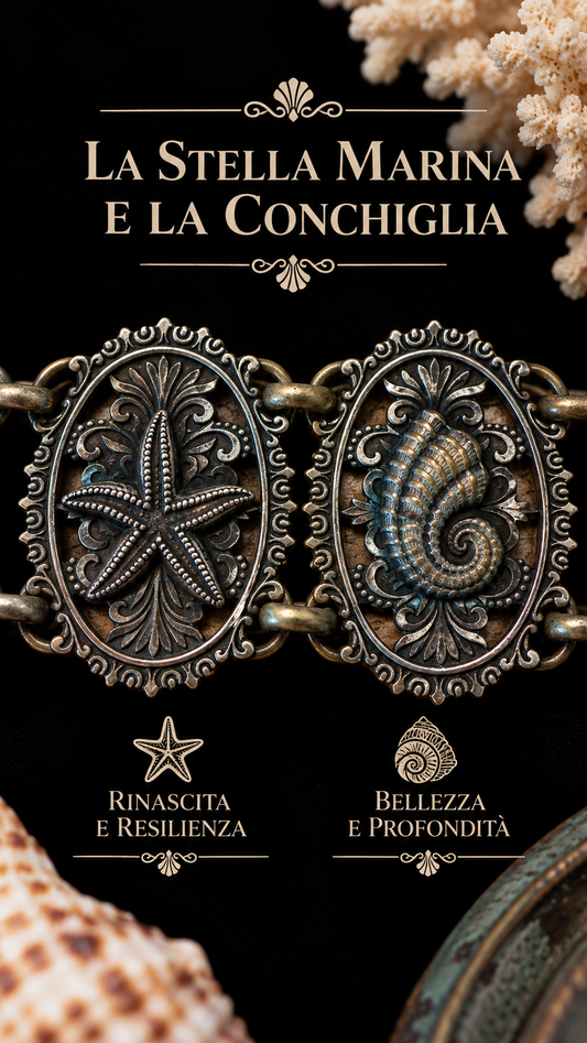 Bracciale vintage con sei placche decorate a tema marino, 19 cm metallo argentato