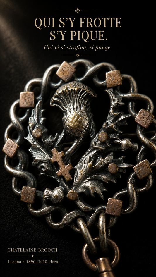 Antica e rara Chatelaine Brooch con cardo e croce di Lorena