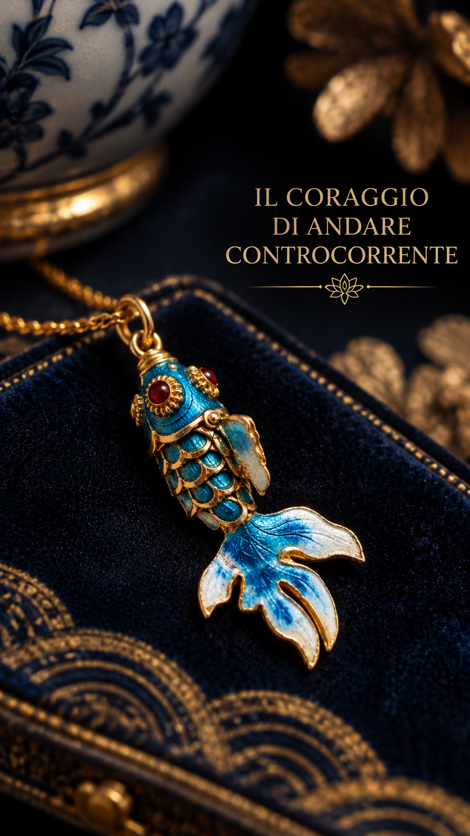 Piccolo pendente pesce articolato carpa koi smaltato azzurro