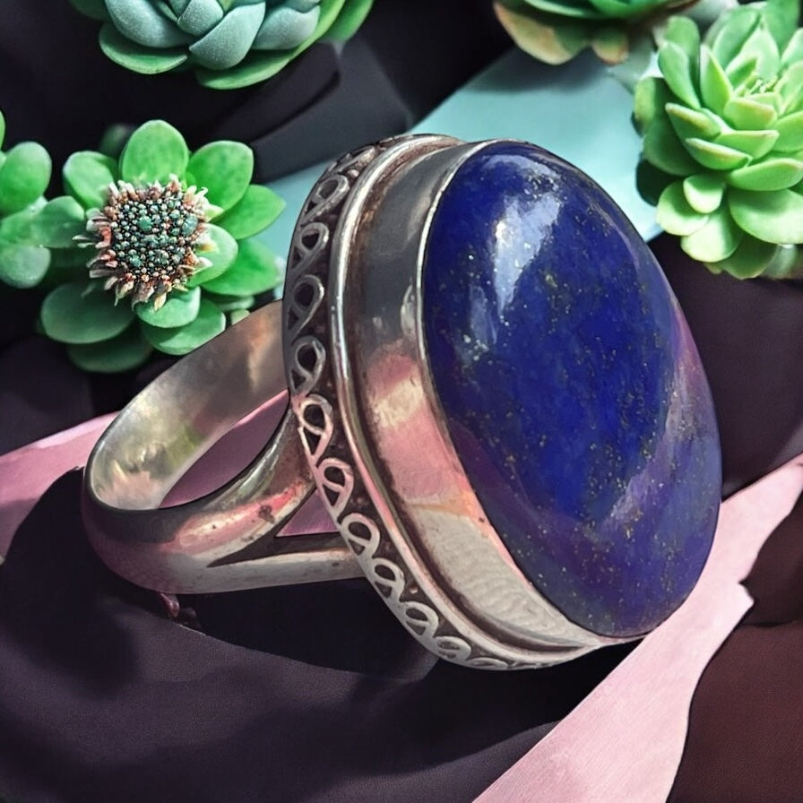 Grande anello vintage argento massiccio titolo 925 e cabochon lapislazzuli