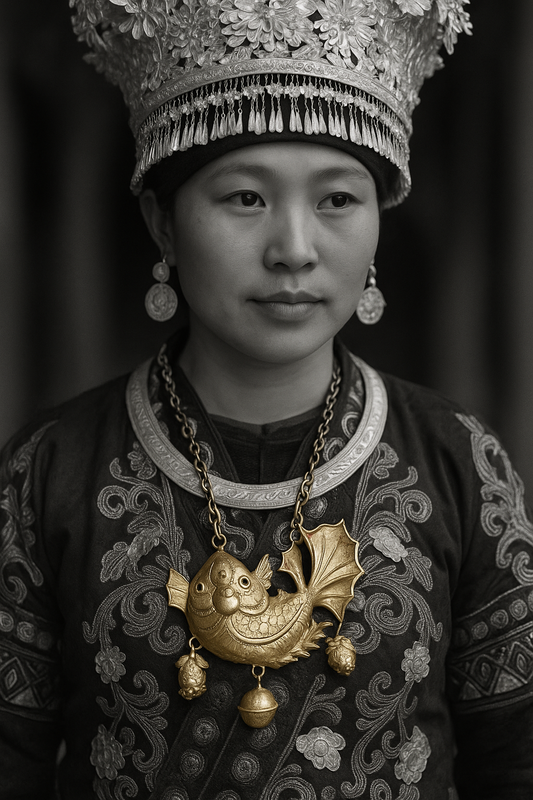 Collana con grande pendente a pesce, cultura Miao, Cina, anni ‘40 - ‘50