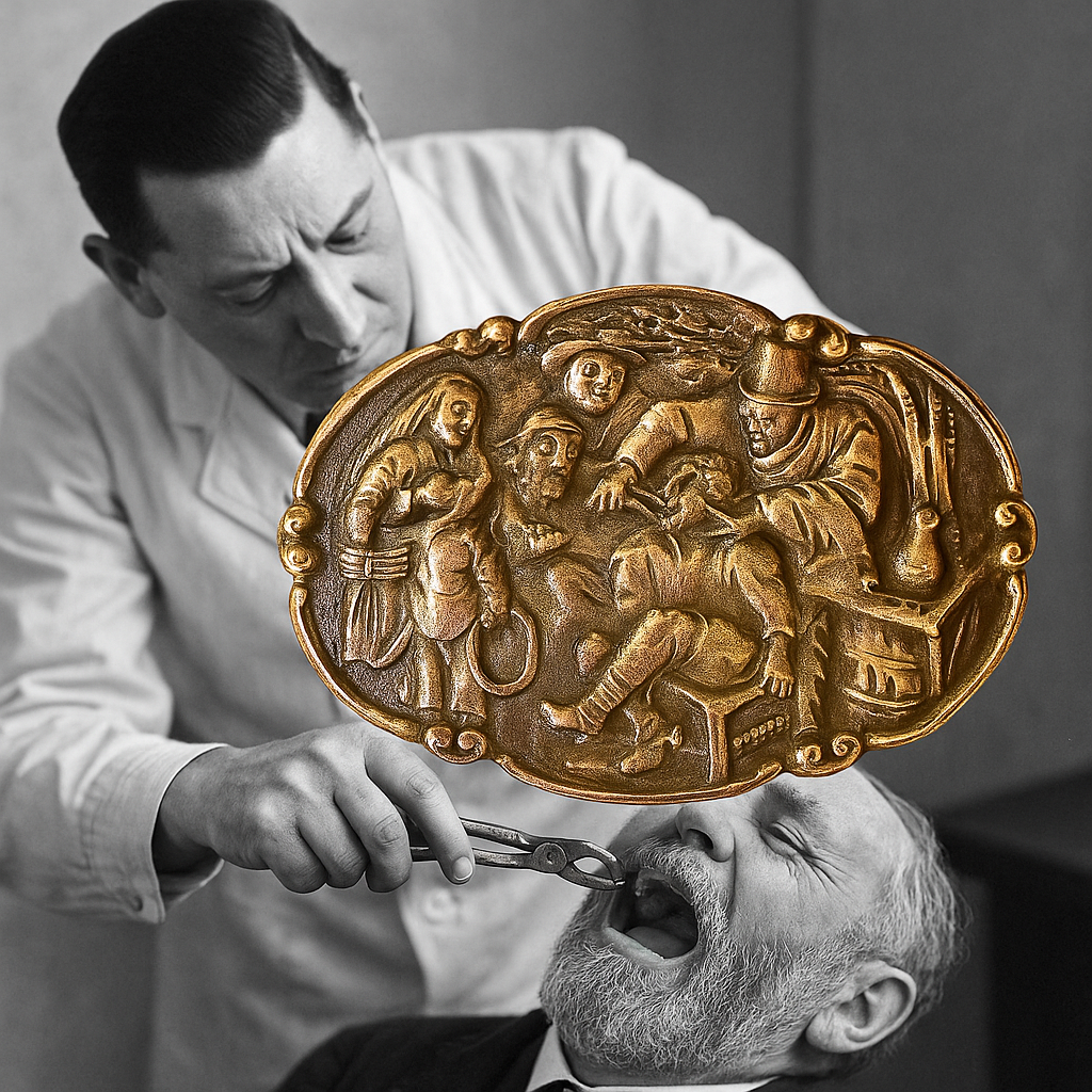 Spilla Wunderkammer con scena di estrazione dente - prima metà ‘900