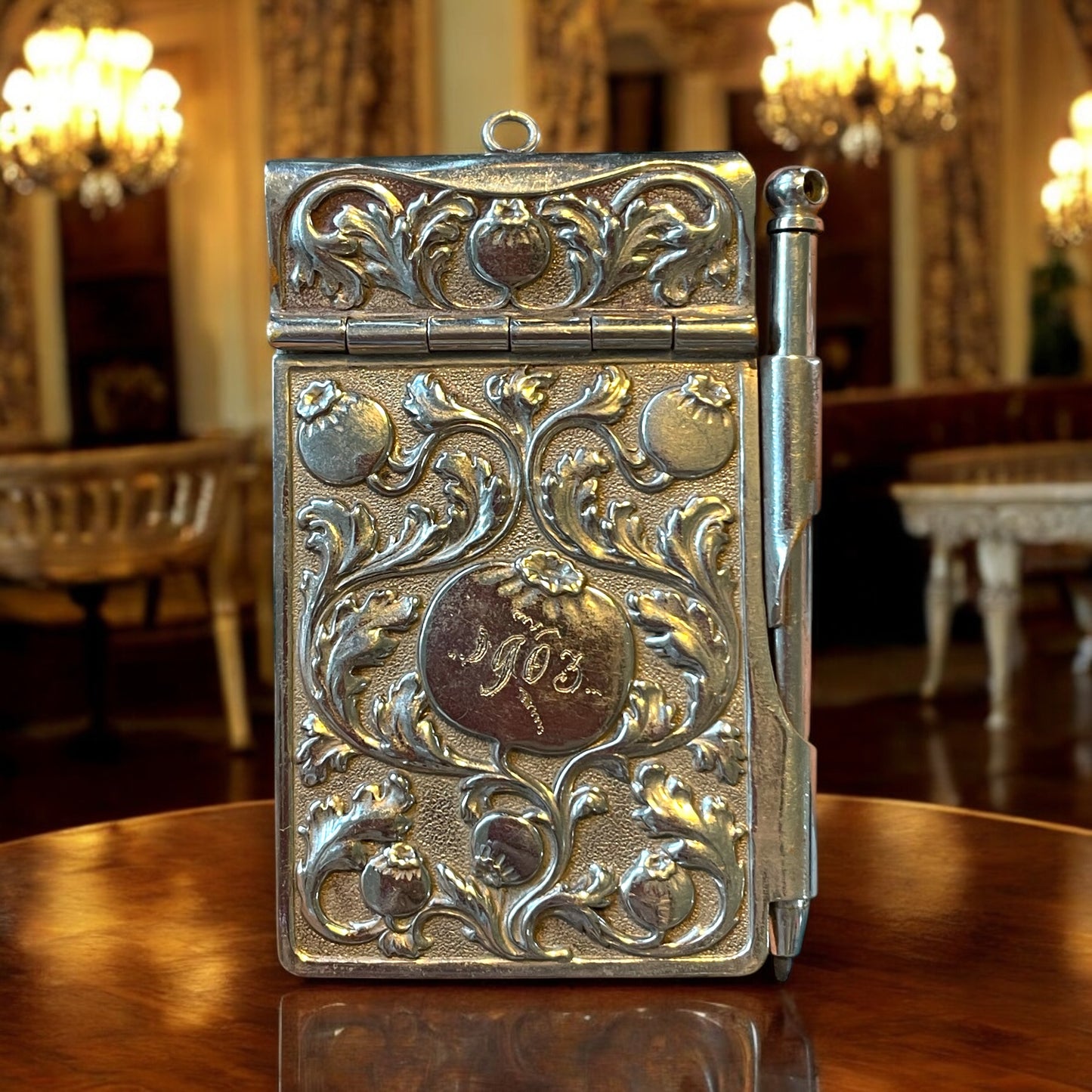 Carnet de bal da chatelaine argentato, 1903, con incisione nome, Art Nouveau.