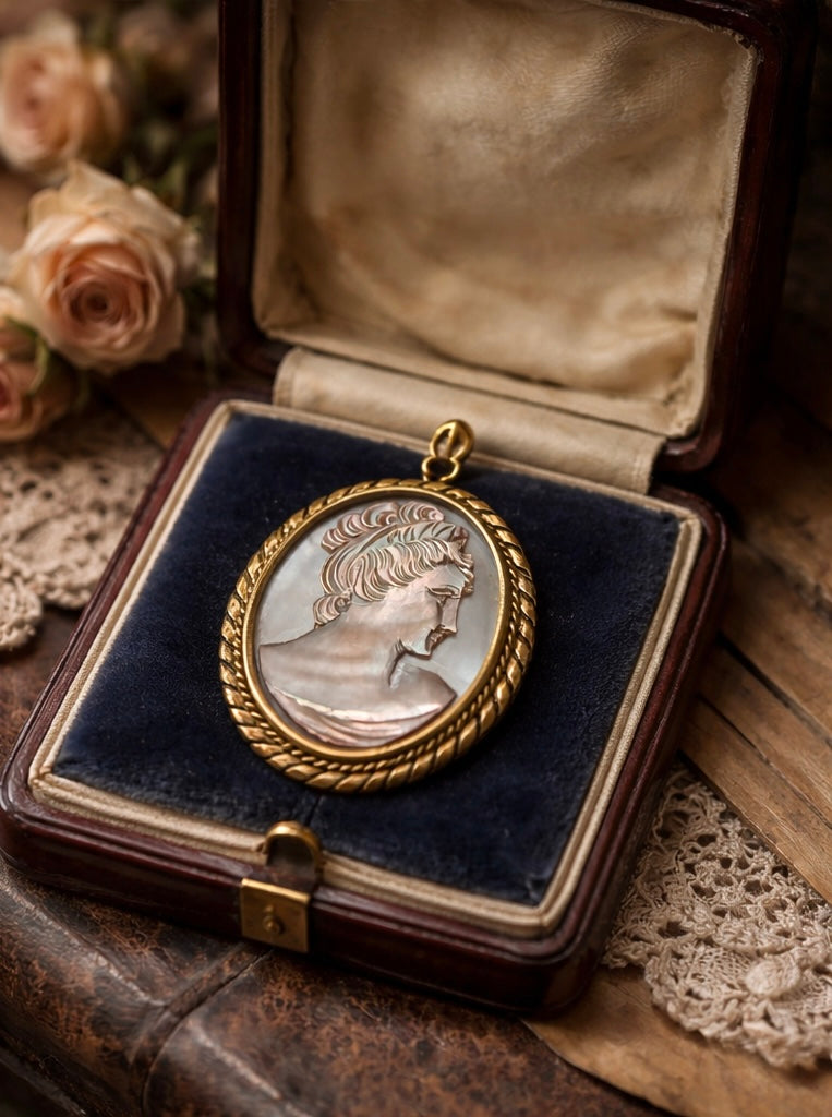 Splendido antico cammeo su madreperla di primo novecento in cornice dorata, doppio uso spilla - pendente