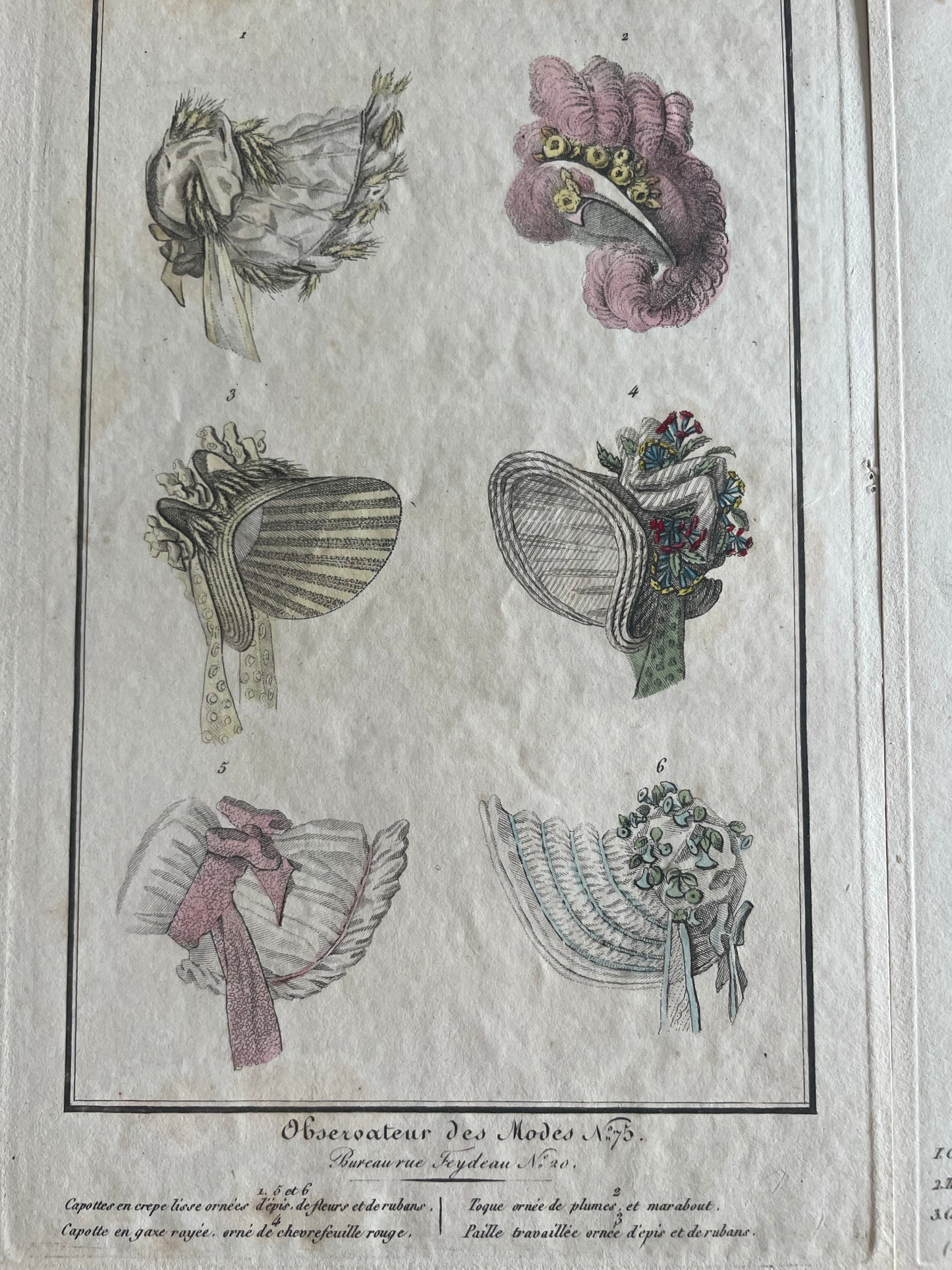 Lotto stampe 1819 acquerellate a mano, cappelli francesi, Observateur des Modes