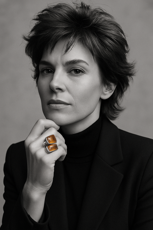 Anello argento 925 e doppio cabochon in ambra di due tonalità