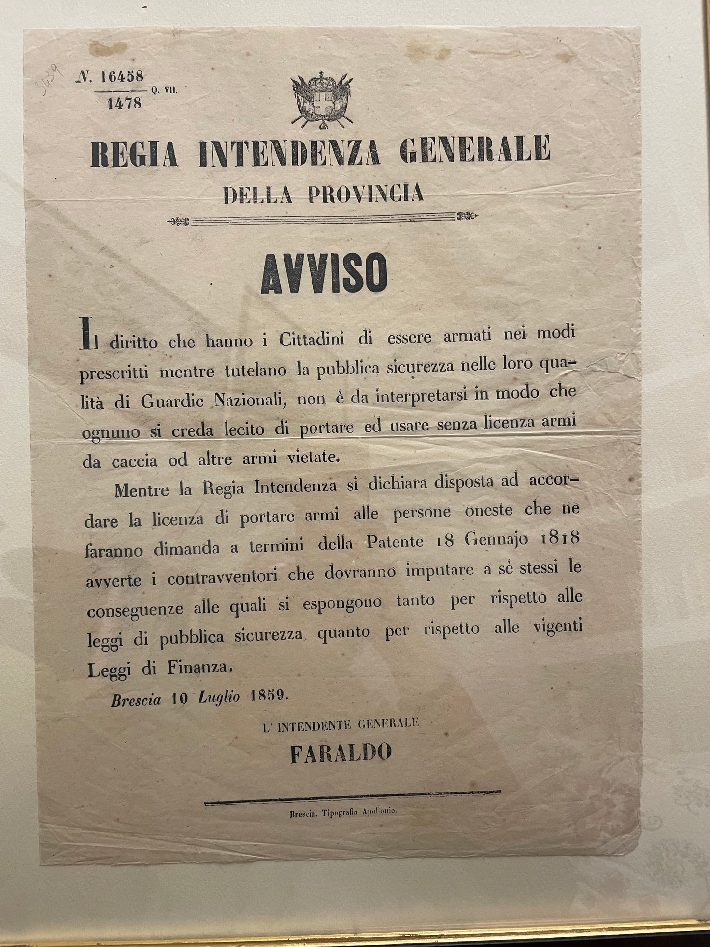 Avviso Regio Brescia 1859 sulla detenzione di armi, documento originale