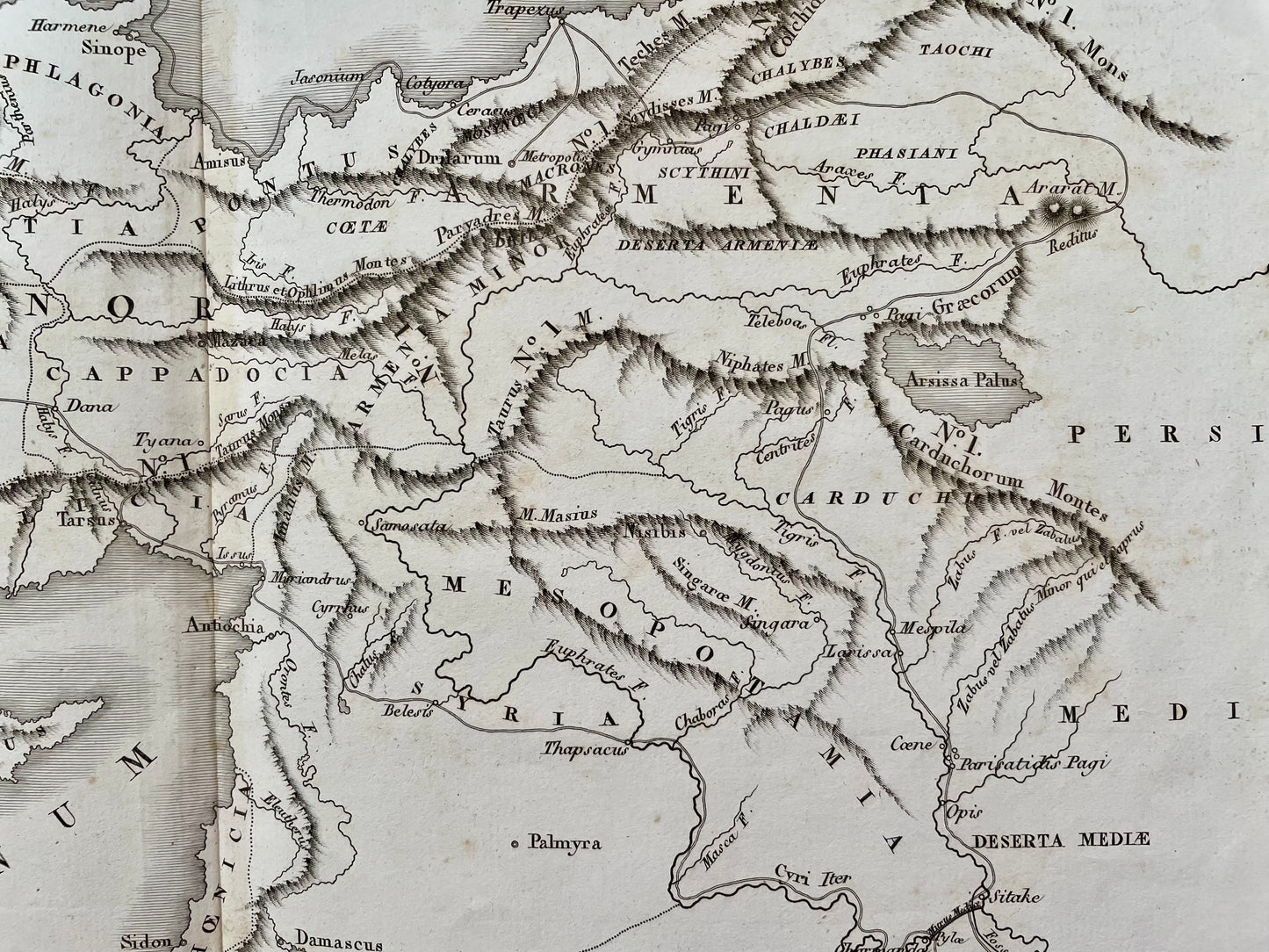 Antica mappa incisione rame Delamarche 1830, ritirata dei 10.000 (Anabasi Senofonte)