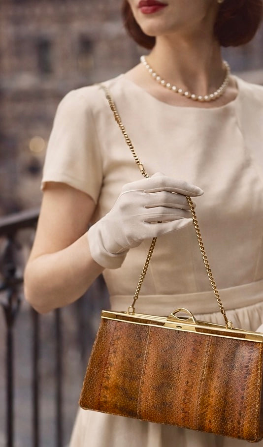 Clutch bag effetto rettile con catenella, vintage originale fine anni ‘50 - primi ‘60