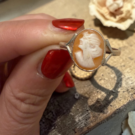 Anello in argento 800 con piccolo cammeo su conchiglia, italiano, anni ‘40-‘50