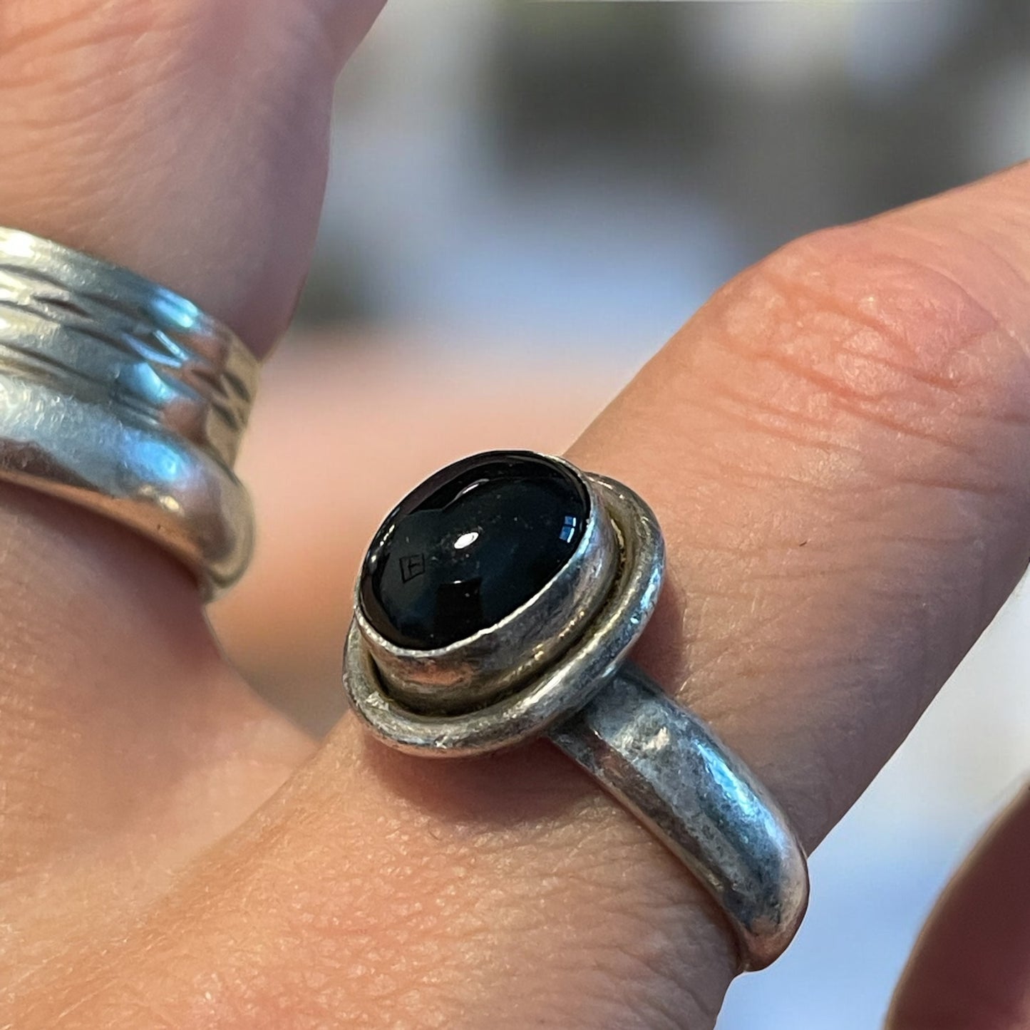 Anello argento 925 vintage con cabochon onice nero