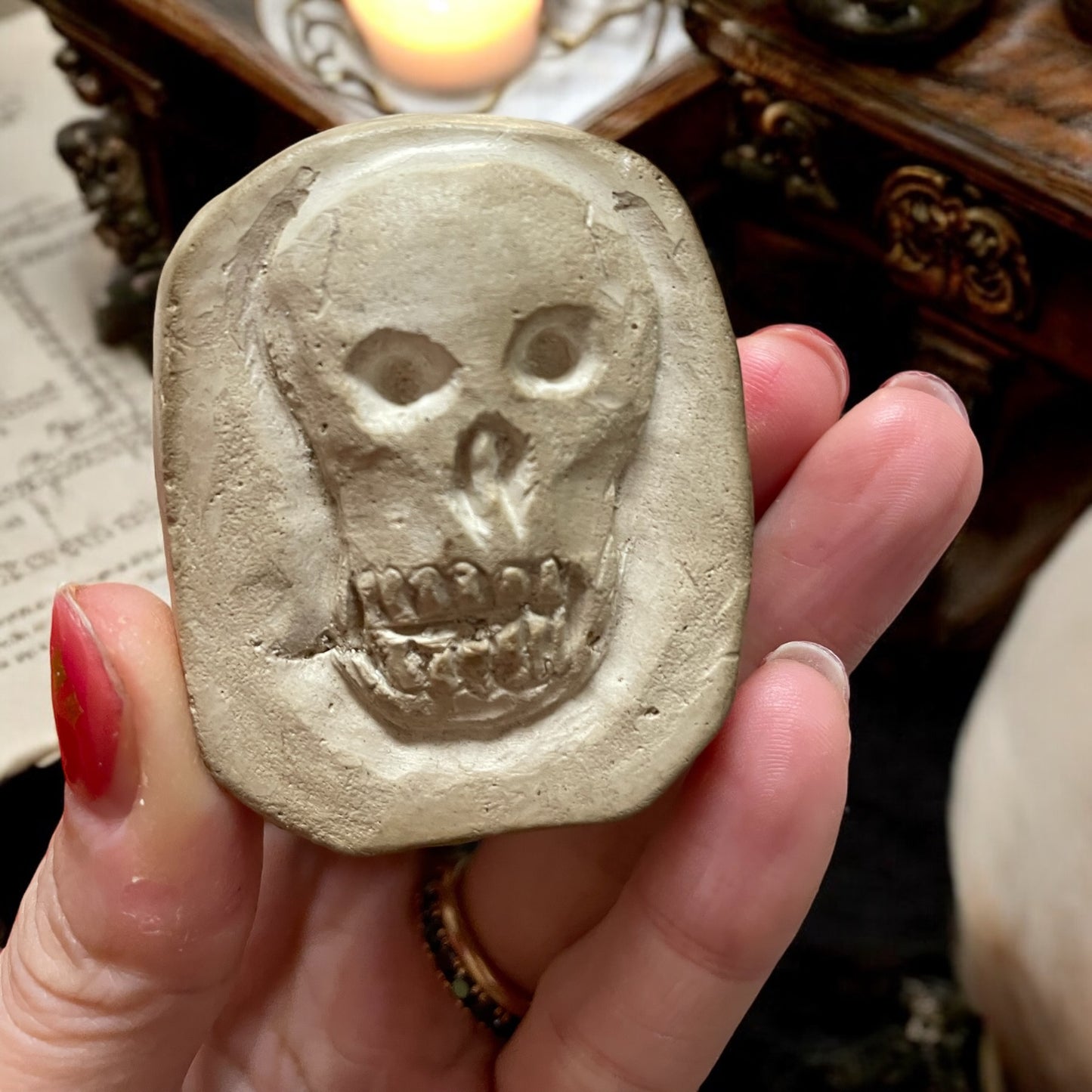 Memento mori in gesso con teschio bifacciale, vanitas epoca sconosciuta