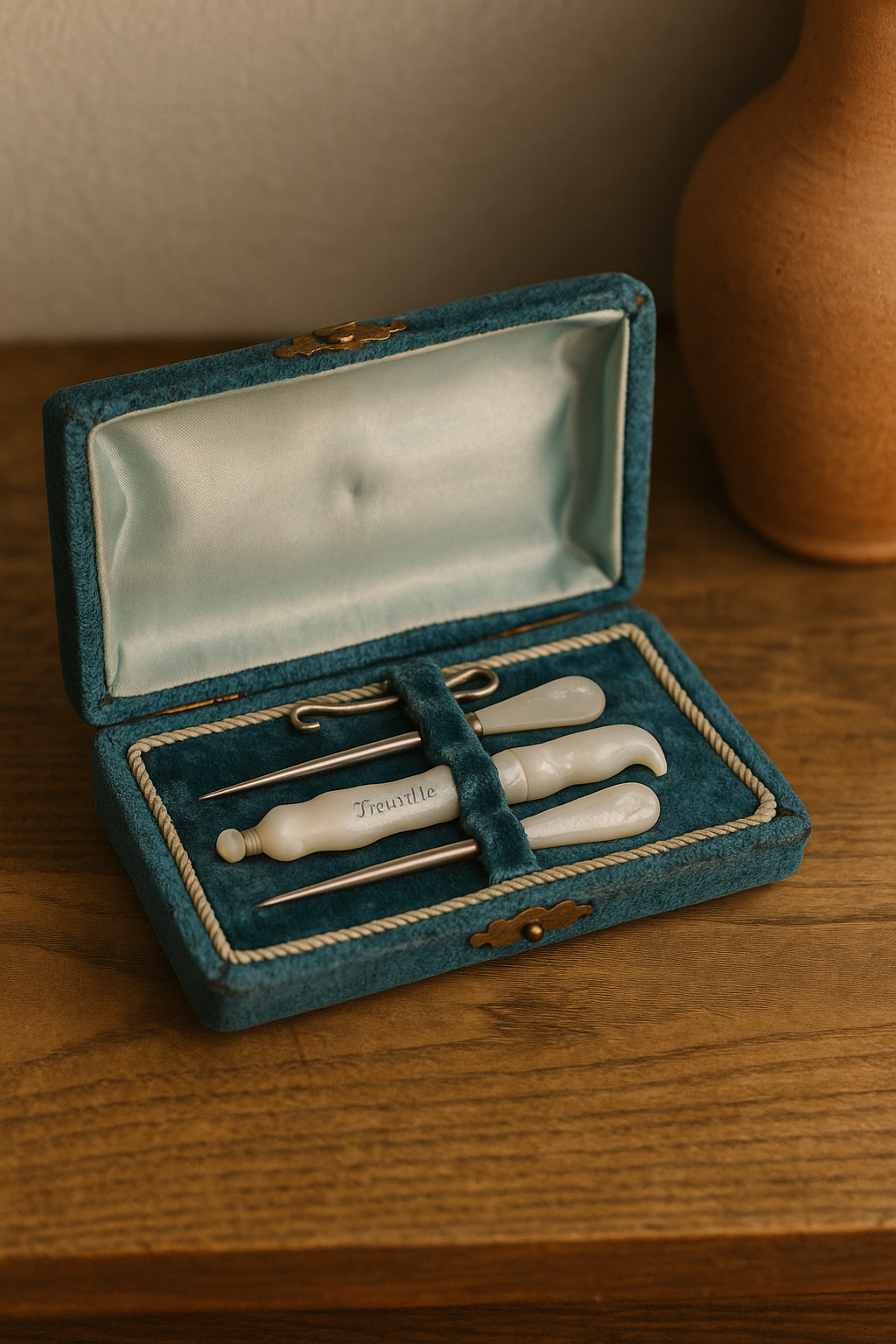 Cofanetto set cucito da viaggio vittoriano in madreperla