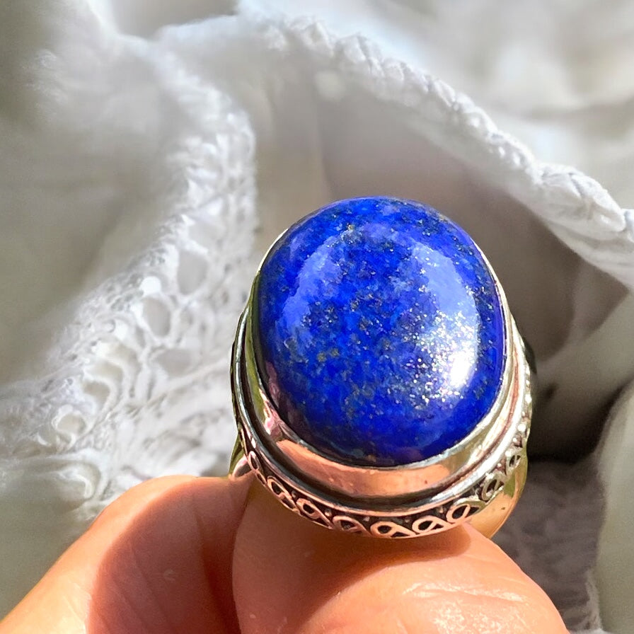 Grande anello vintage argento massiccio titolo 925 e cabochon lapislazzuli
