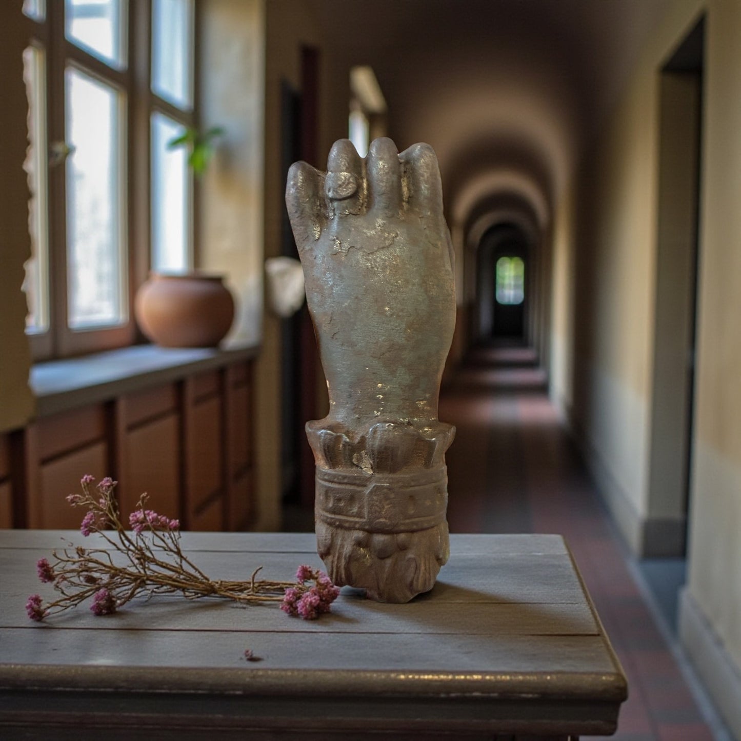 Battente antico in ghisa, mano femminile che bussa