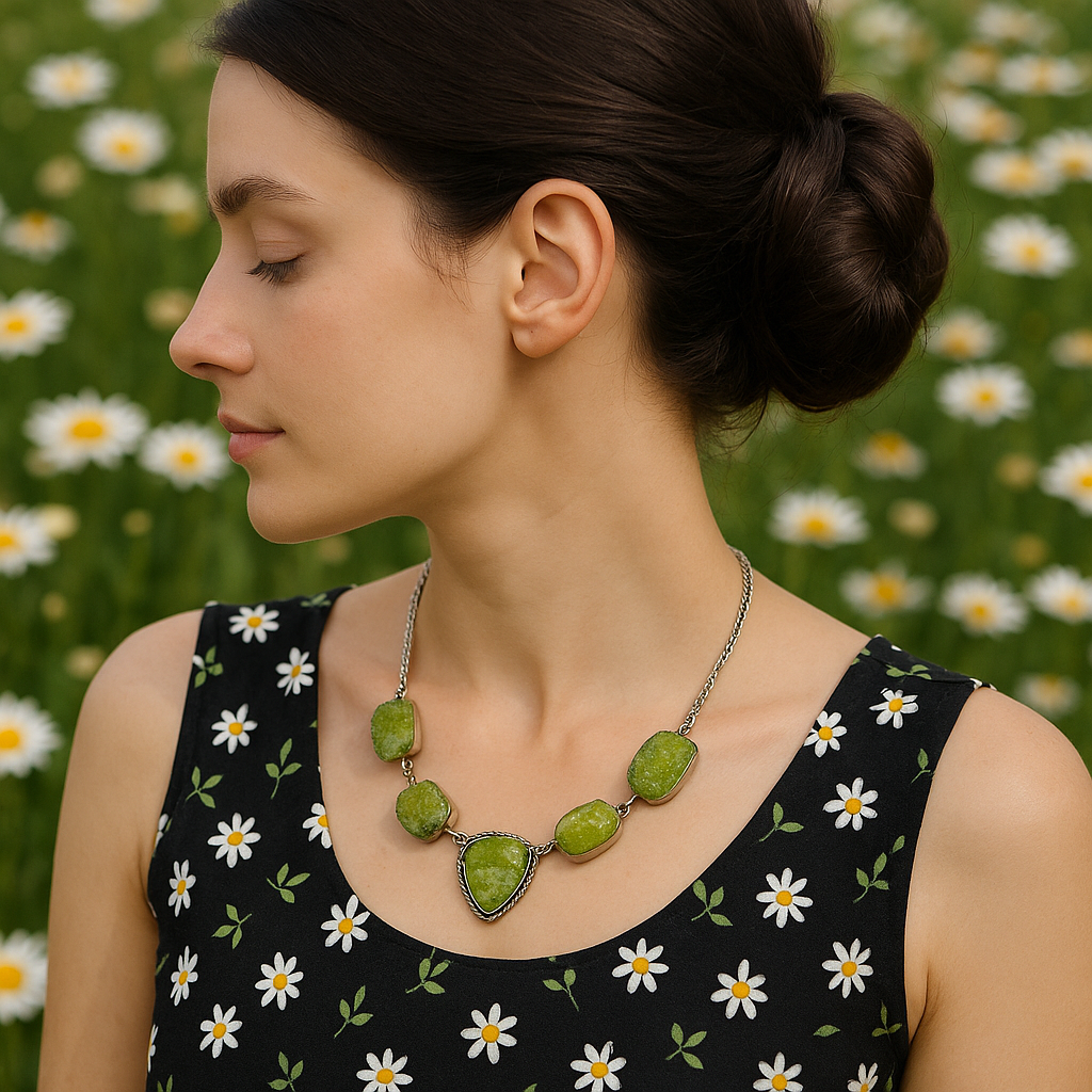 Collana vintage placcata argento con drusa verde