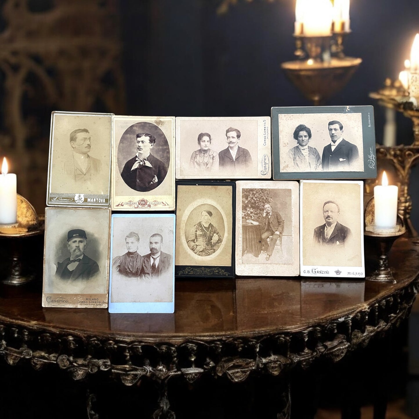 Lotto 9 fotografie ritratti formato Cabinet, 1890 circa, studi italiani