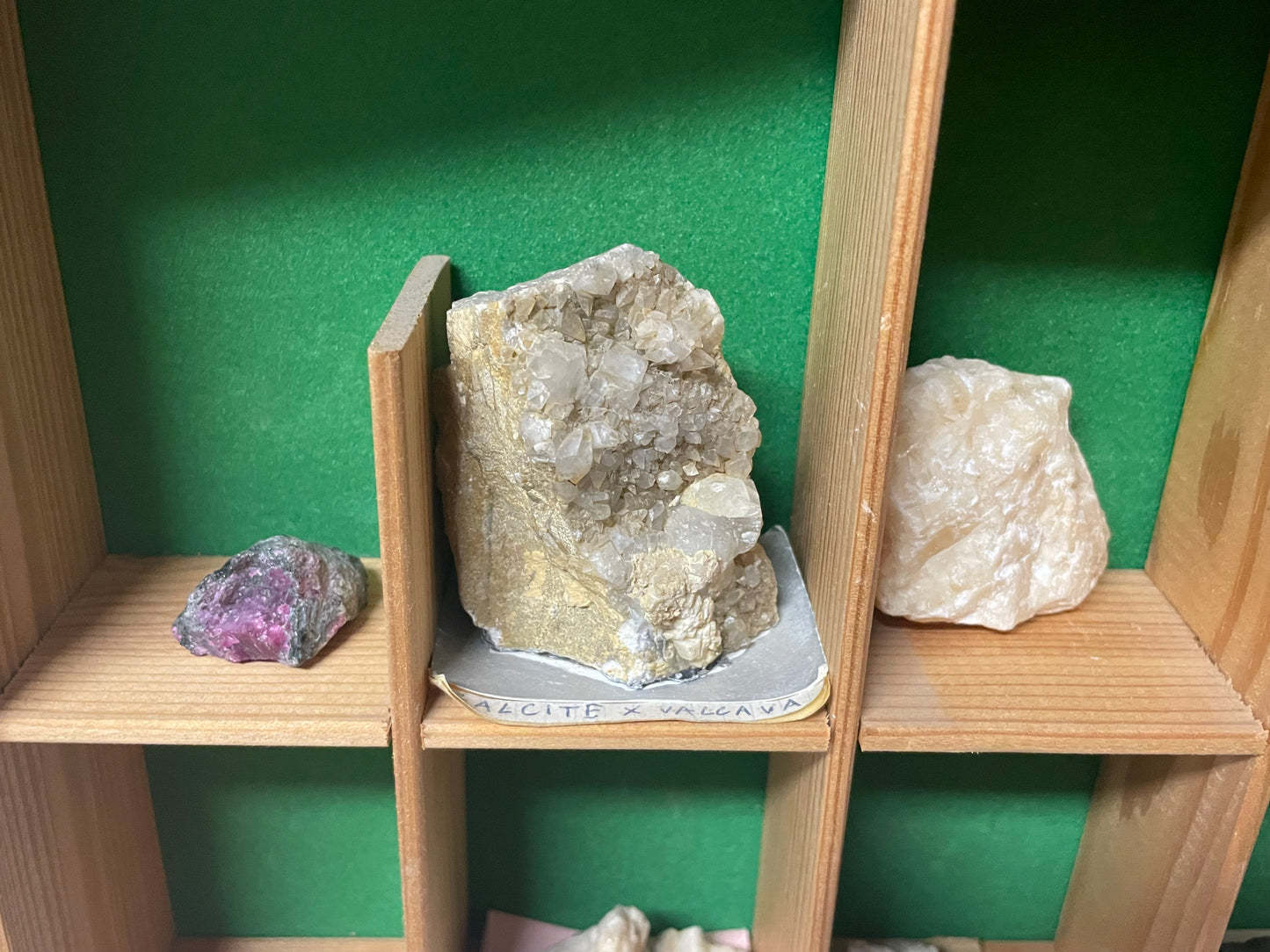 Bacheca con minerali e fossili, collezione cabinet des curiosites anni ‘80