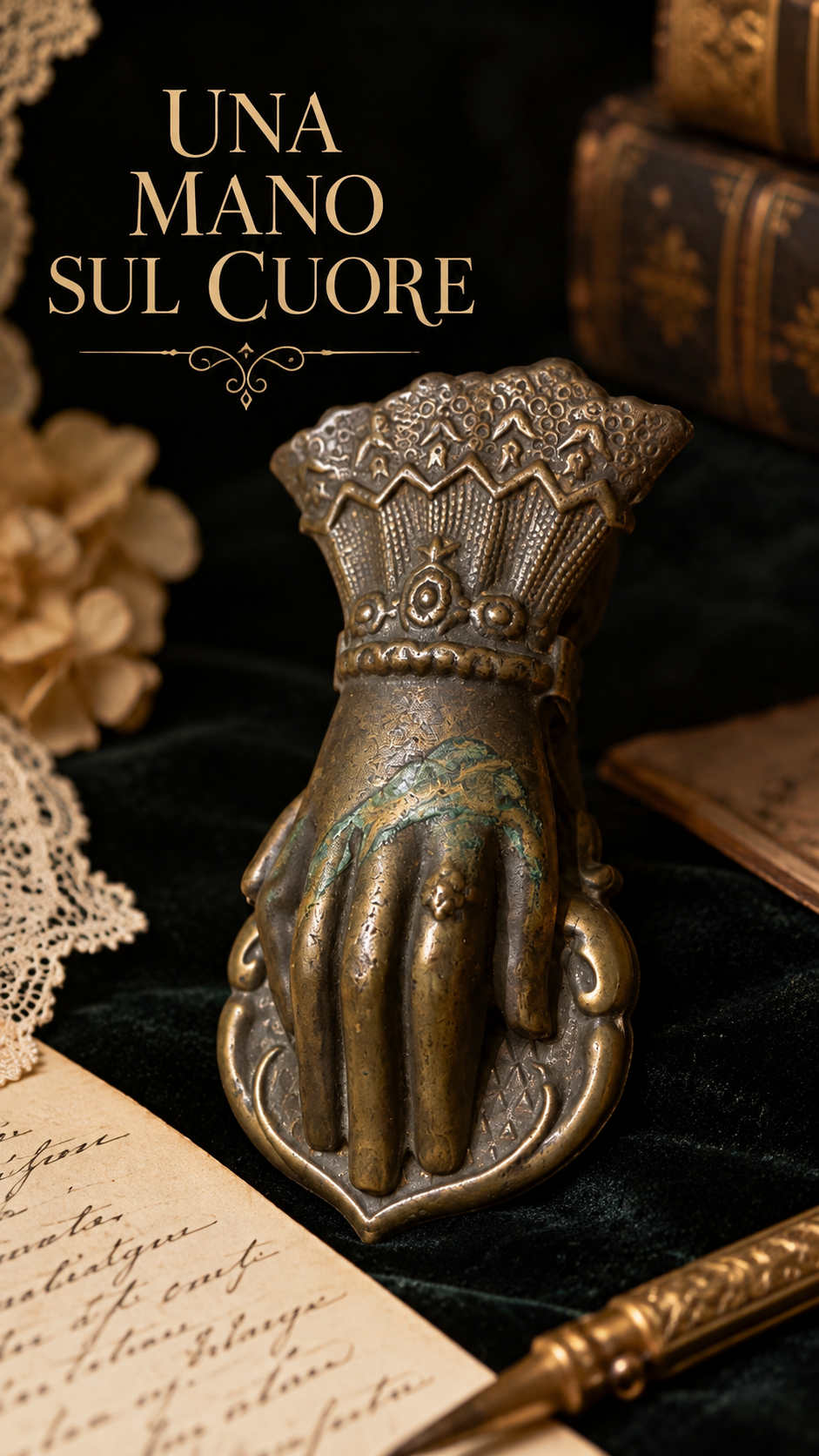 Antica pinza ferma documenti a guisa di mano bronzata