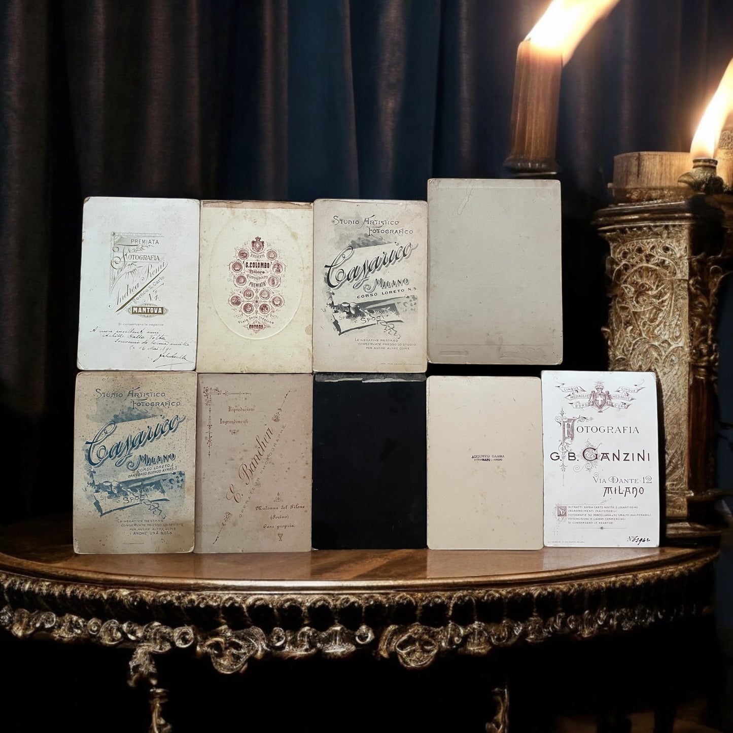 Lotto 9 fotografie ritratti formato Cabinet, 1890 circa, studi italiani